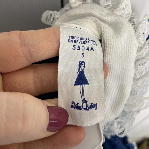 VTG Miss Quality Little Girls Size 5 Ruffle Lace Trim Dress Blue Polka Dot Frill - Picture 7 of 10